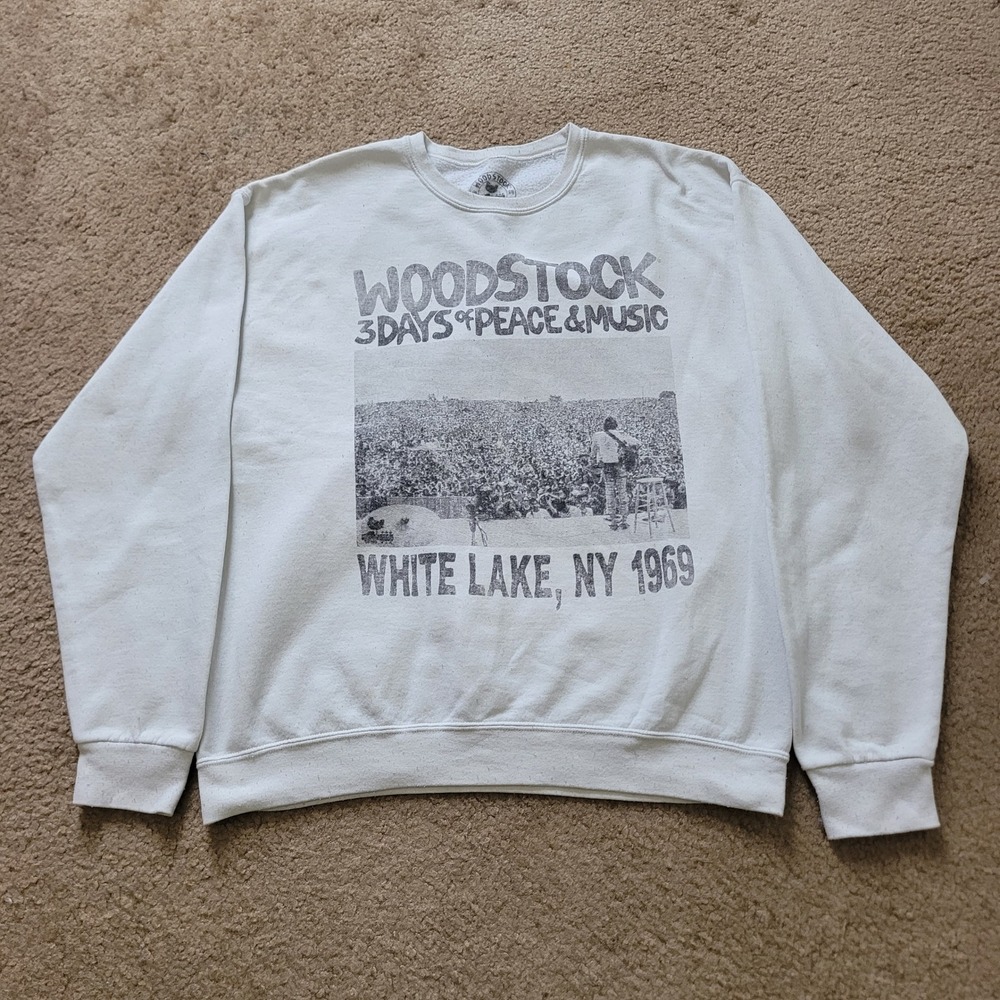 Woodstock 1969 White Lake NY Peace & Music Graphic‎ Crewneck Sweatshirt White L
